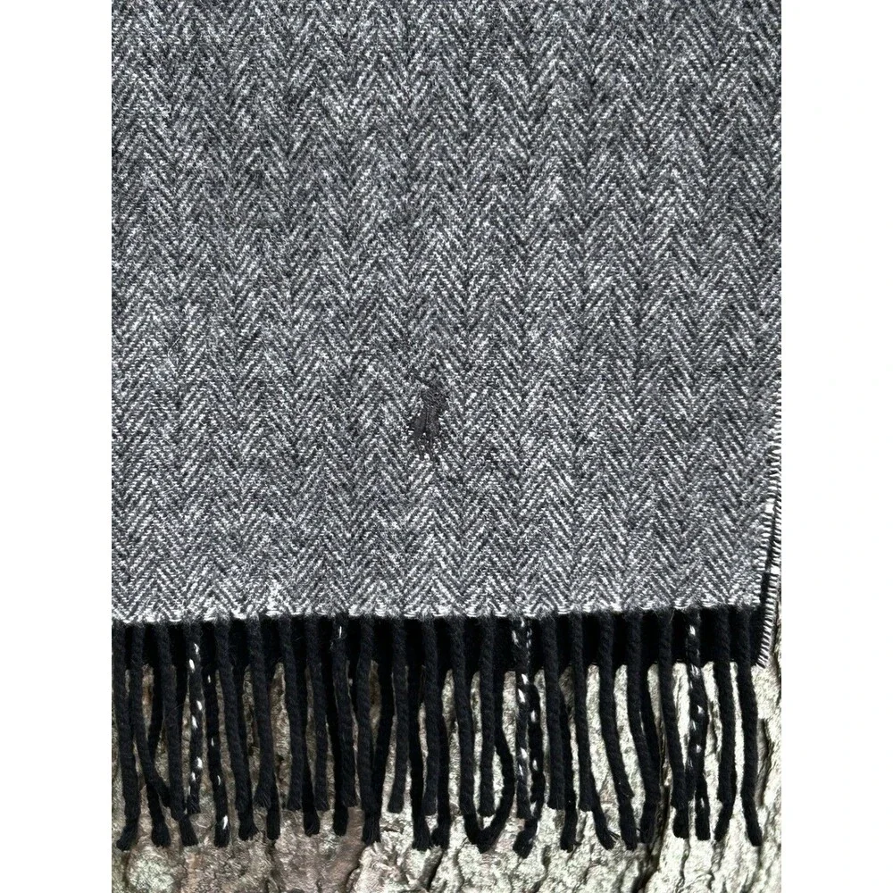 Polo Ralph Lauren Lambswool Scarf Grey Black Plaid Fringe Preppy Heritage Italy